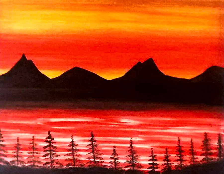 Sunset Red & Yellow With Mountains